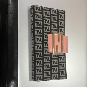 Fendi Black and Beige Zucca Canvas Continental Wallet with Pink H Clasp